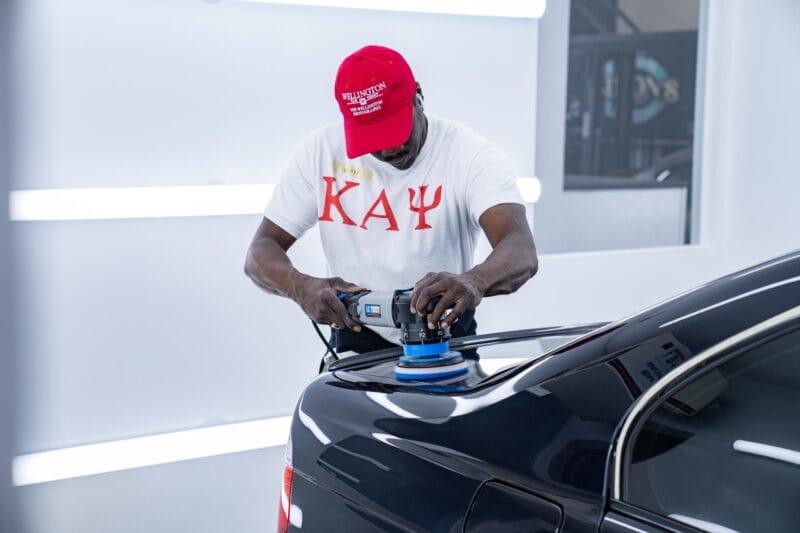 Trunk of E39 M5 being paint corrected, at Dr. Beasley's Future of Detailing Clinic.