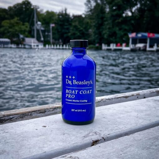 Dr. Beasley's Boat Coat Pro ceramic coating for boats placed on a boat dock.