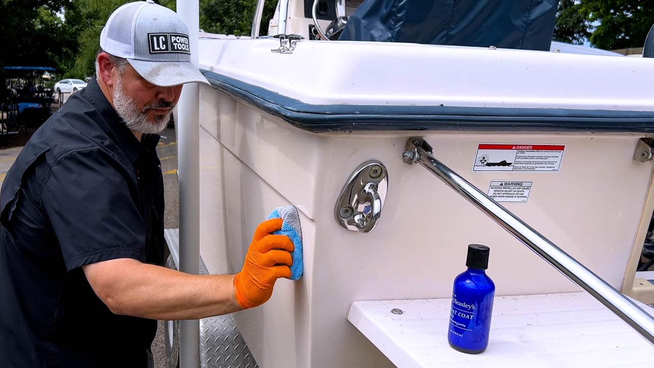 Applying Dr. Beasley's Boat Coat Pro to marine gel coat.