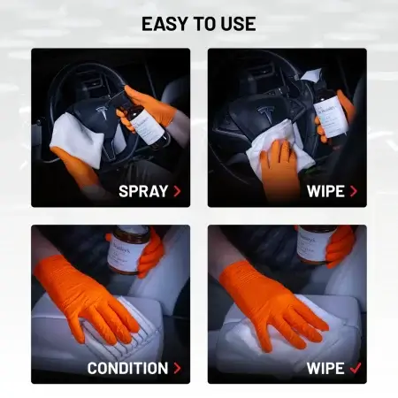 Easy to use process of Vegan Leather Kit. Steps: spray, wipe, condition, wipe.