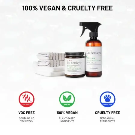 Icons highlighting the benefits of the Vegan Leather Kit: Cruelty-free, VOC-free, and 100% Vegan.