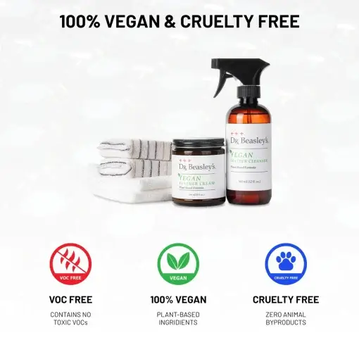 Icons highlighting the benefits of the Vegan Leather Kit: Cruelty-free, VOC-free, and 100% Vegan.