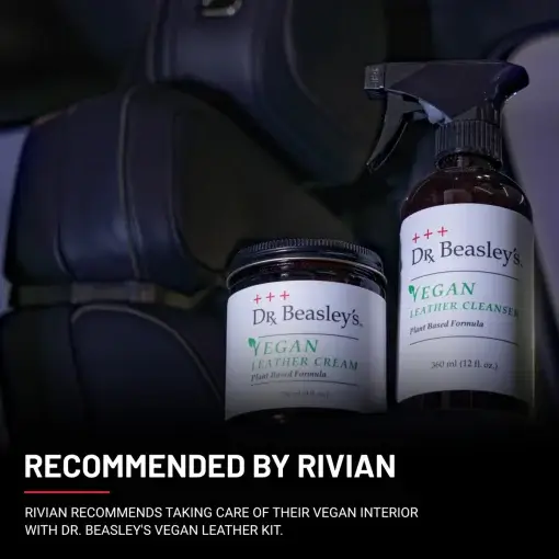Vegan Leather Kit placed inside a black vegan leather Rivian interior. Accompanying text explains that the Vegan Leather Kit is recommended by Rivian.