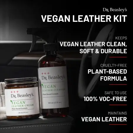 Vegan Leather Kit placed inside a black vegan leather Tesla interior.