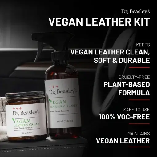 Vegan Leather Kit placed inside a black vegan leather Tesla interior.