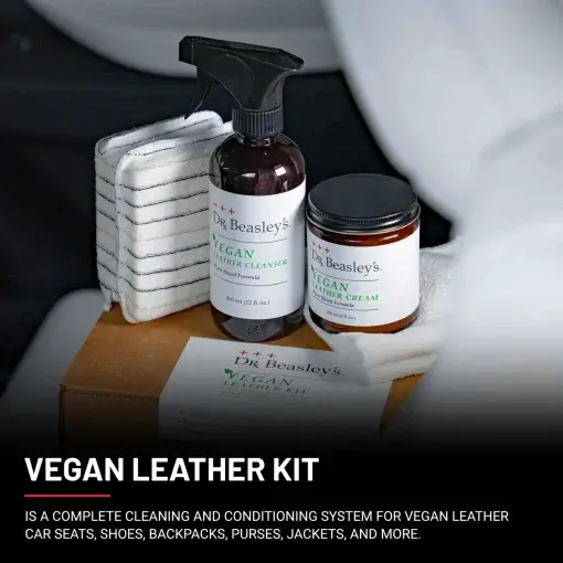 Displaying the Vegan Leather Kit on top of its box, with a white vegan leather Tesla interior in the background.