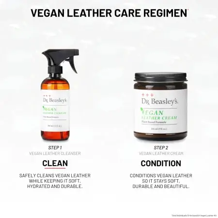 Vegan Leather Care Regimen consists of two products and two steps: Step one: Vegan Leather Cleanser, Step two: Vegan Leather Cream