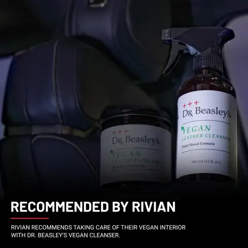 Vegan Leather Cleanser placed inside a black vegan leather Rivian interior. Accompanying text explains that the Vegan Leather Cleanser is recommended by Rivian.