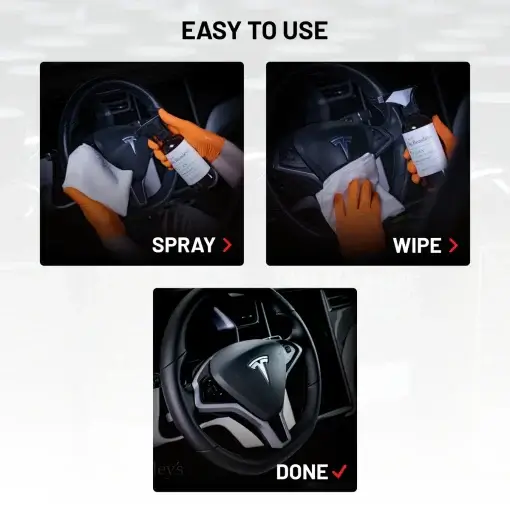 Easy to use process of Vegan Leather Cleanser. Steps: spray, wipe, done.