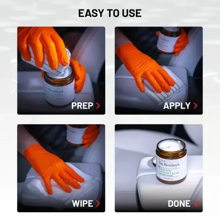 Easy to use process of Vegan Leather Cream. Steps: prep, apply, wipe, done.