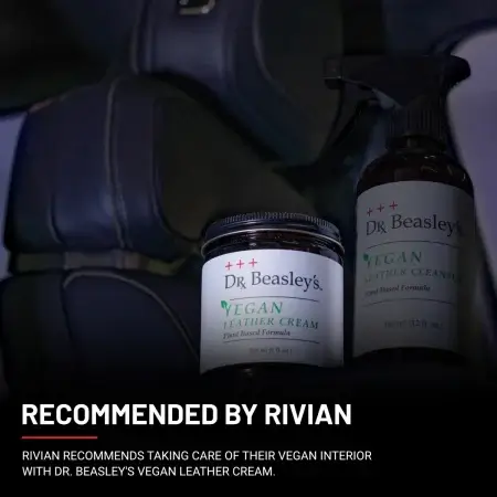 Vegan Leather Cream placed inside a black vegan leather Rivian interior. Accompanying text explains that the Vegan Leather Cream is recommended by Rivian.