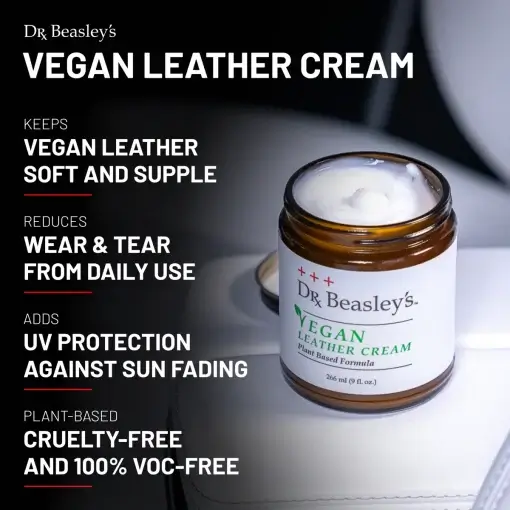 Vegan Leather Cream placed inside white vegan leather Tesla interior.