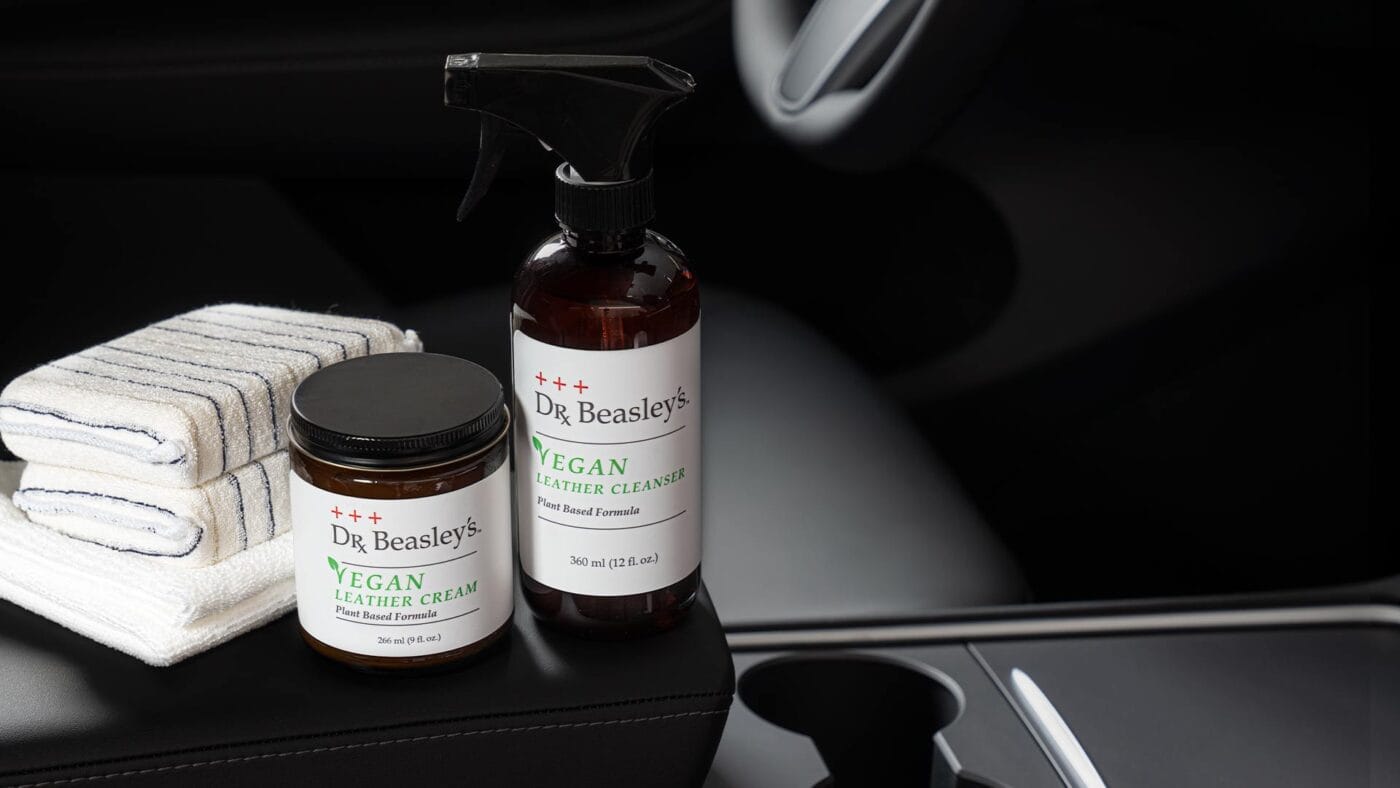 Dr. Beasley's Vegan Leather Kit inside a Tesla Model Y.