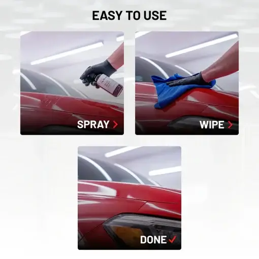 A step-by-step guide titled "Easy to Use" showing the application of a hydrophobic coating on a red car. The first image, labeled "SPRAY," shows a hand wearing a black glove spraying the product onto the car's surface. The second image, labeled "WIPE," shows a hand using a blue microfiber cloth to wipe the surface. The third image, labeled "DONE," shows the car's surface shiny and clean after application.