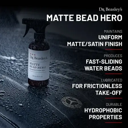 A 12 fl oz bottle of Matte Bead Hero is placed on matte black G-Wagen, product benefits on the right side