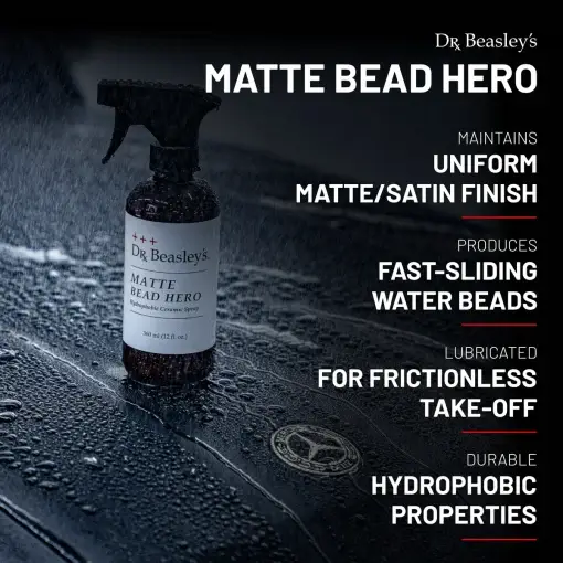 A 12 fl oz bottle of Matte Bead Hero is placed on matte black G-Wagen, product benefits on the right side