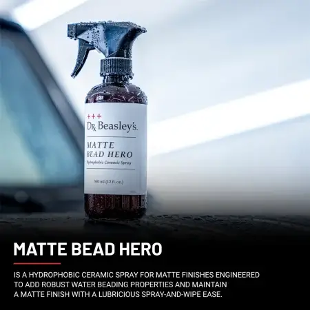 A 12 fl oz bottle of Matte Bead Hero is placed on matte black G-Wagen, description of what is it made for at the bottom.