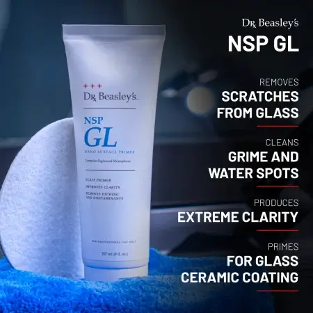 An 8 oz tube of NSP GL positioned on the left side, with text highlighting its benefits displayed on the right side.