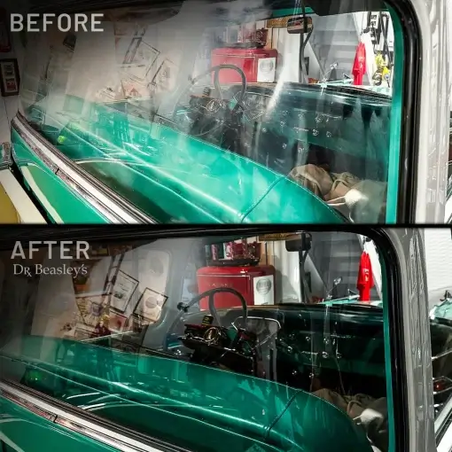 Before and After using NSP Gl. Before: glass on the left with etching and scratches. After using NSP Gl: the same glass is crystal clear.