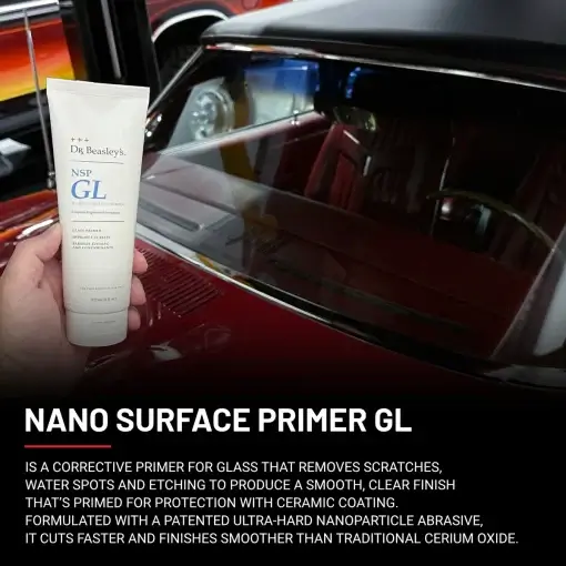 A hand holds an 8 oz tube of NSP Gl in front of recently primed clear glass.