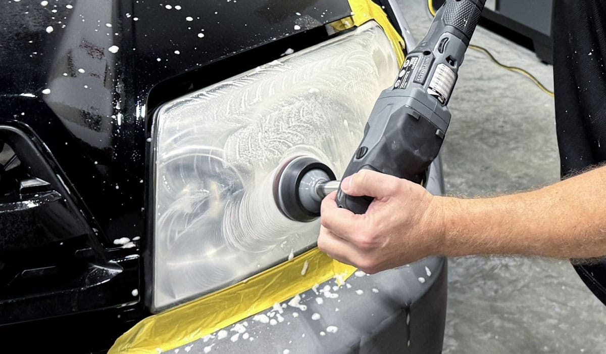 Restoring headlights with machine wet sanding