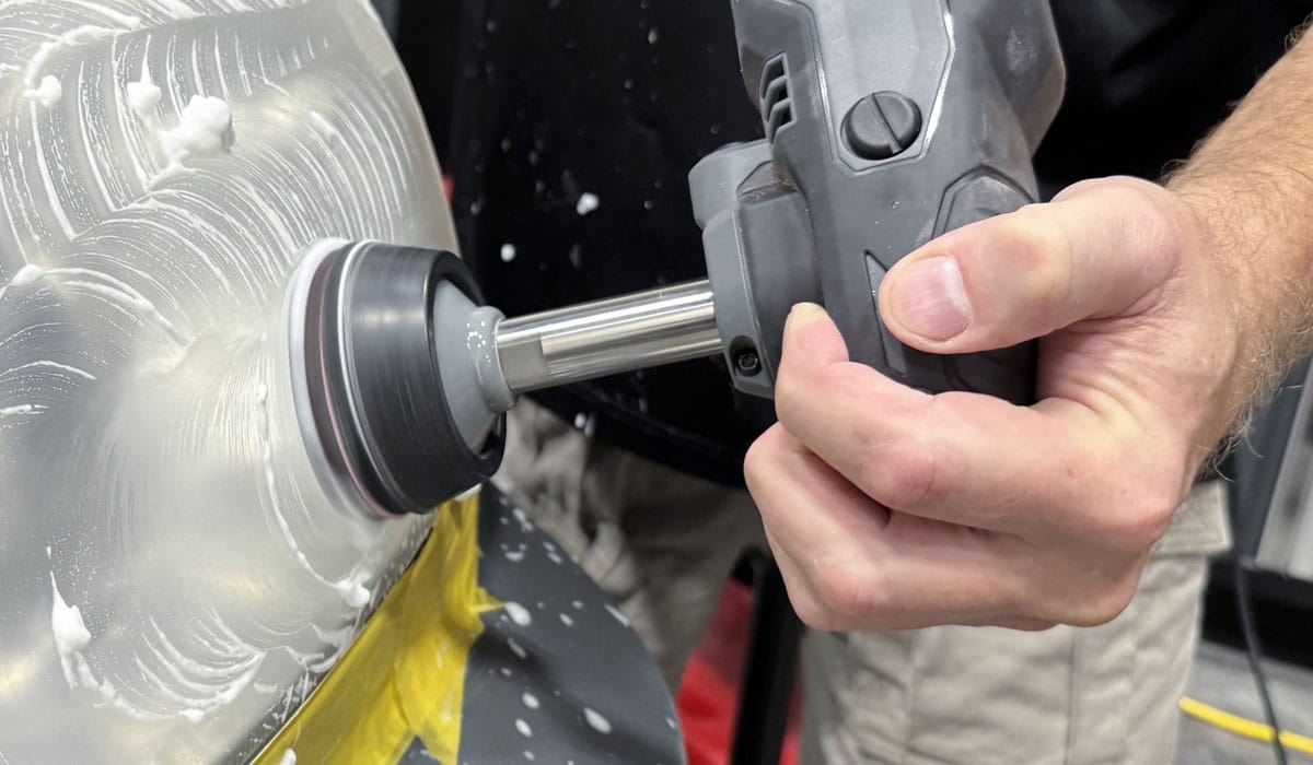 Machine wet sanding headlights to remove oxidation