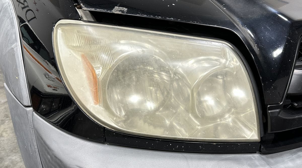 Oxidized, yellowed headlight