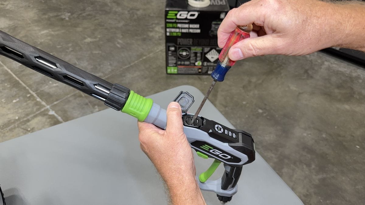 EGO Pressure Washer spray gun battery compartment