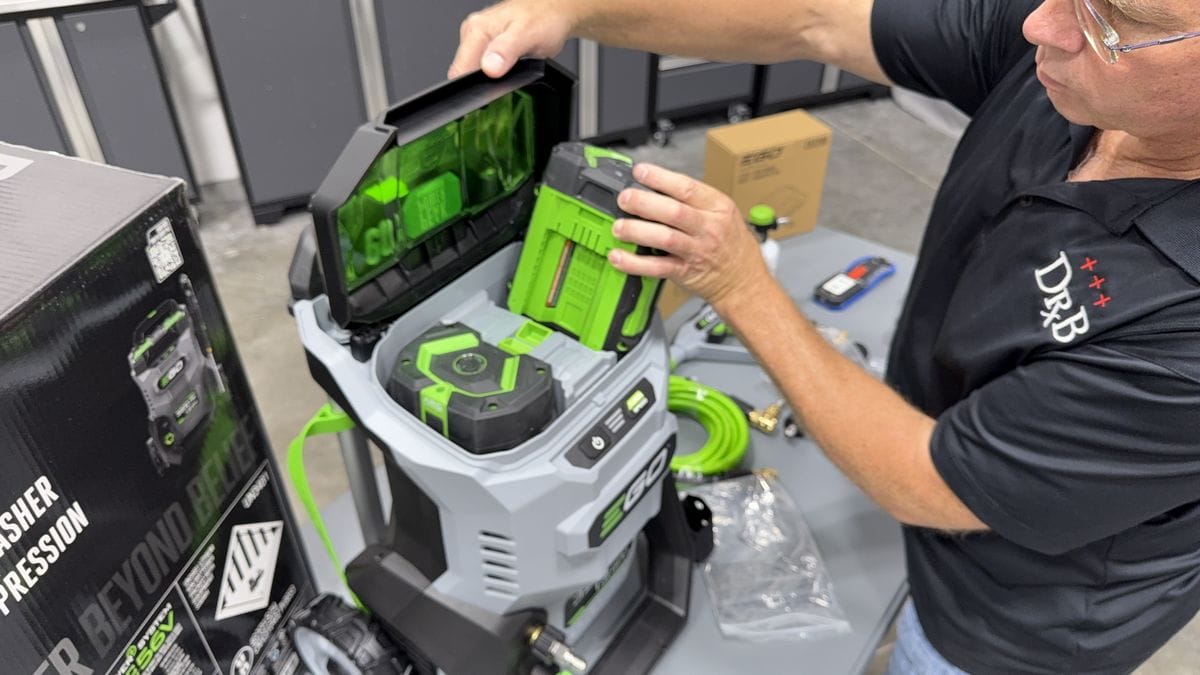 Loading batteries into EGO Pressure Washer