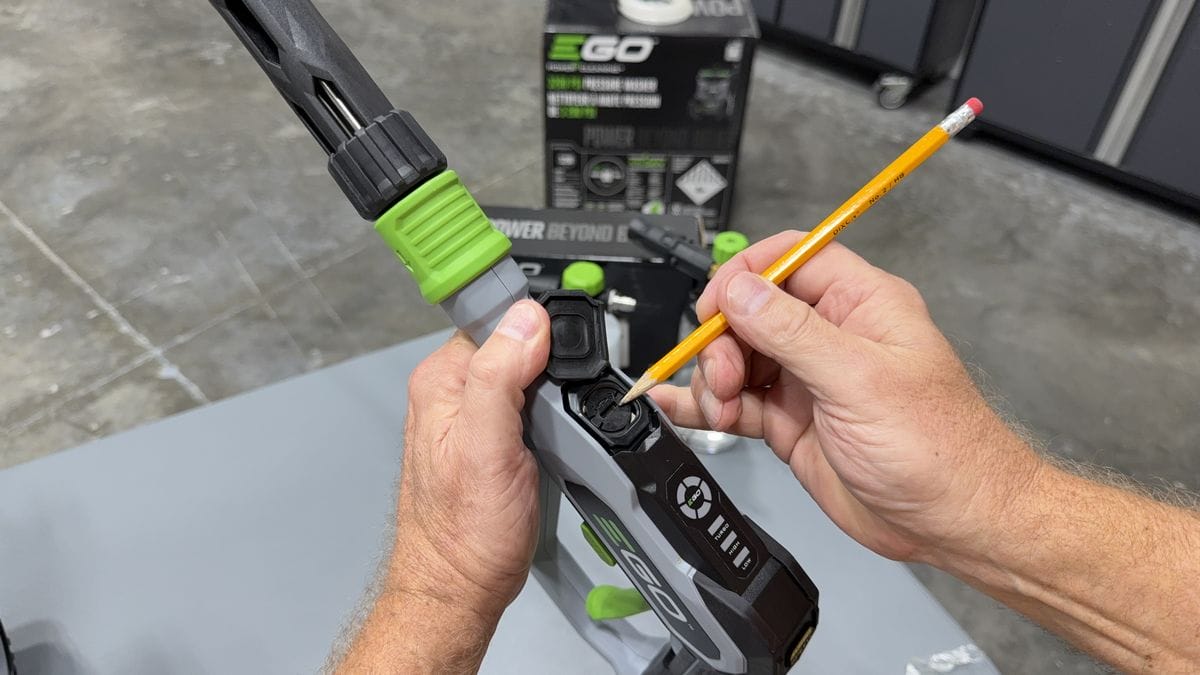 EGO Pressure Washer spray gun battery compartment