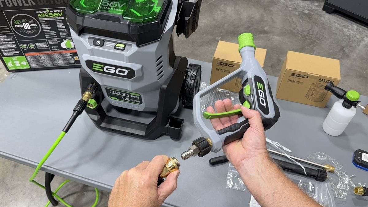 Attaching spray gun to EGO Pressure Washer