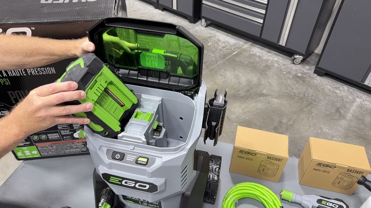 Loading batteries into EGO Pressure Washer