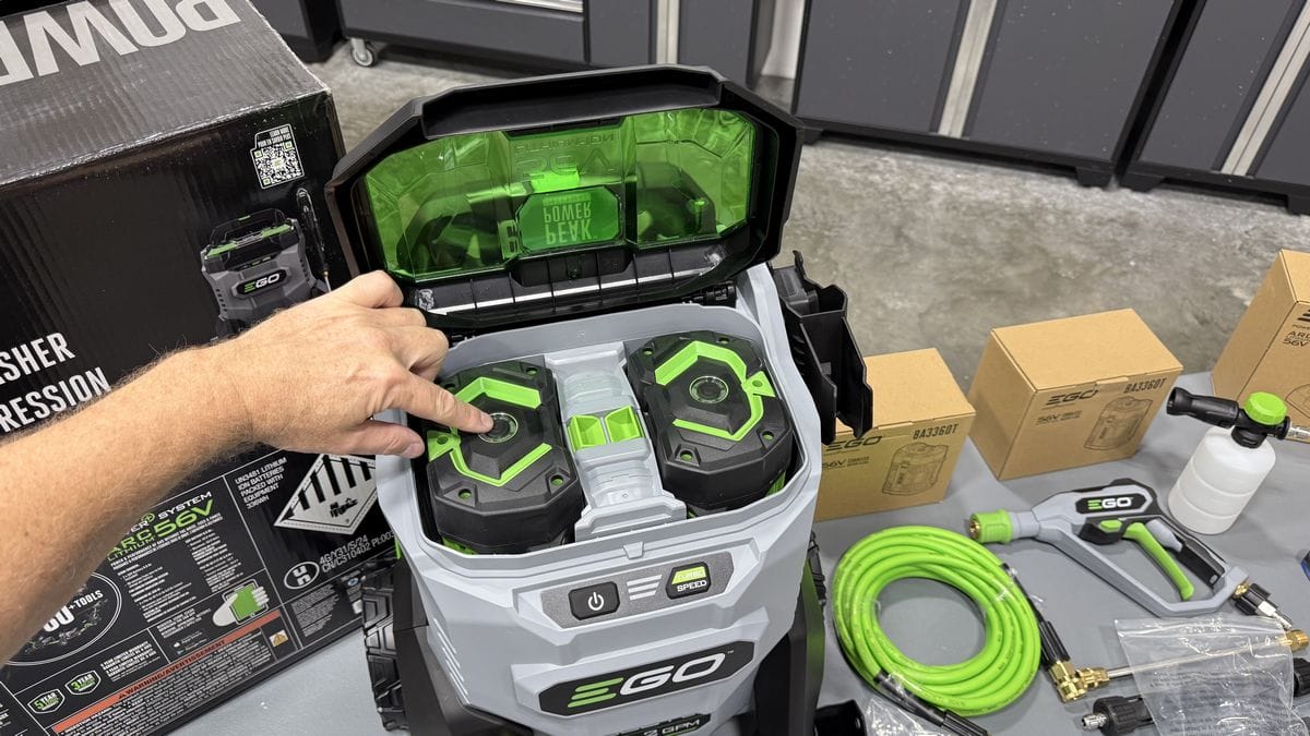 Loading batteries into EGO Pressure Washer