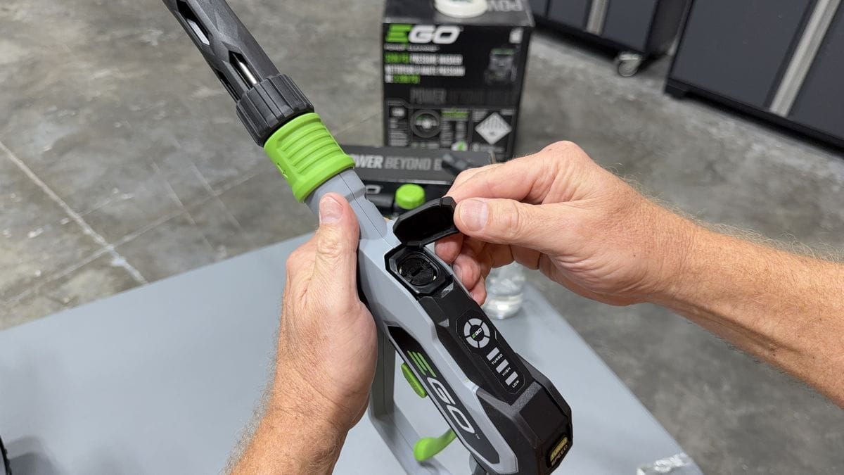 EGO Pressure Washer spray gun battery compartment