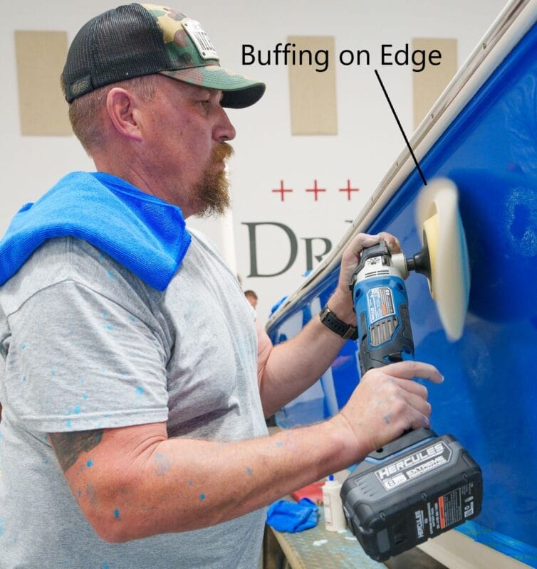 Buffing on edge with rotary polisher and wool pad