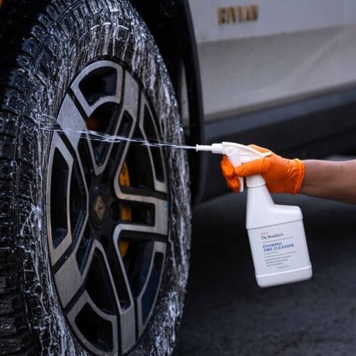 Spraying Tire with Dr. Beasley's Foaming Tire Cleanser