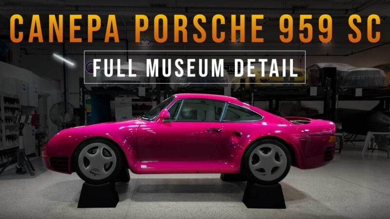 Inside the American Muscle Car Museum, Mike Phillips and Ed Dedick carefully prepare a rare Porsche 959 SC for display.