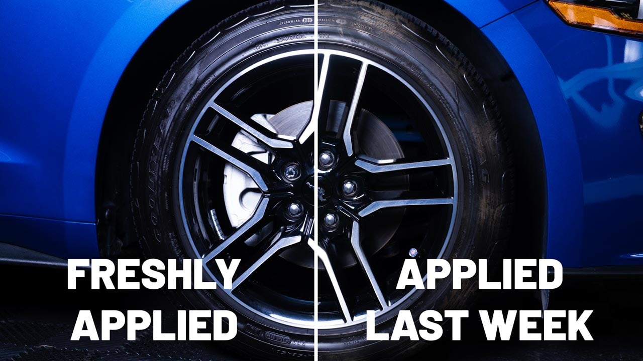 the difference between when tire dressings and trim restorers were just applied and one week later