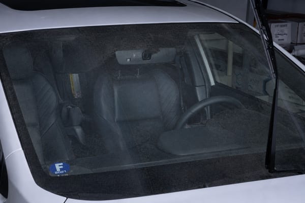 Subaru windshield coated with road film.