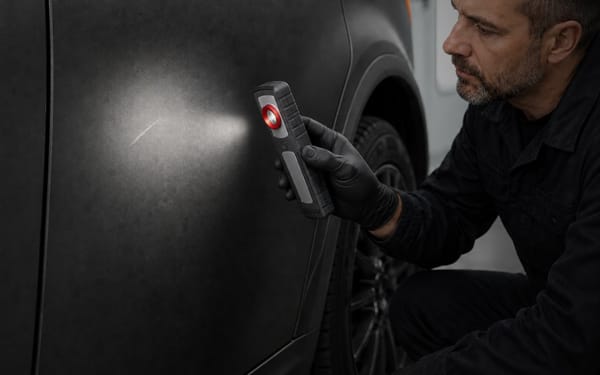 Professional detailer or body shop technician inspecting a scratch on matte finish