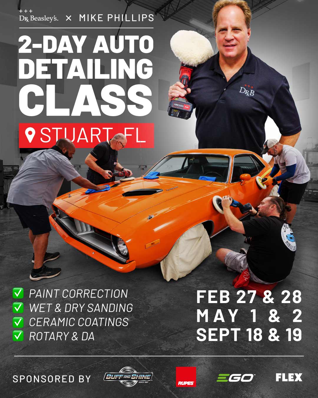 Mike Phillips 2027 two-day auto detailing classes in Stuart, Florida: February 27–28, May 1–2, and September 18–19.