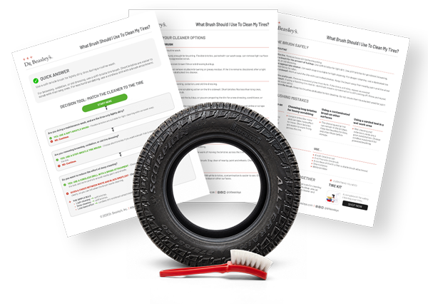 Preview of the three-page tire cleaning brush guide with a tire and red-handled scrub brush.