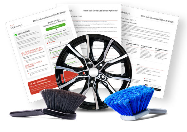 Preview of the three-page wheel cleaning tools guide with a wheel and two cleaning brushes.